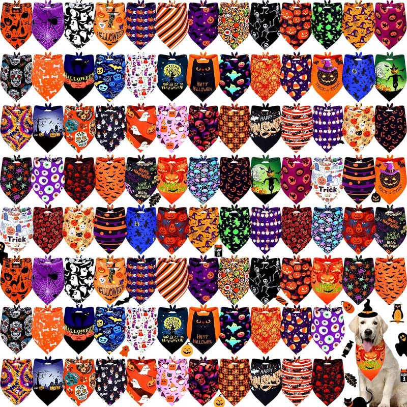 Photo 1 of 100 Pcs Halloween Dog Bandanas Bulk Adjustable Triangle Bibs Scarf Halloween Pumpkin Bat Skull Ghost Spider Pet Scarf Holiday Halloween Scarf Accessories for Dog Puppy Cat