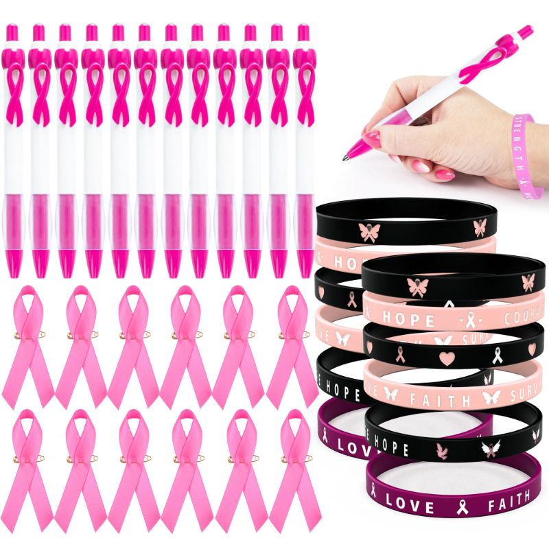 Photo 1 of 108 PCS Breast Cancer Awareness Accessories, 36 PCS Breast Cancer Awareness Bracelets 36 PCS Ballpoint Pens and 36 PCS Pink Ribbon Pins for Charity Recognition Survivor Campaign