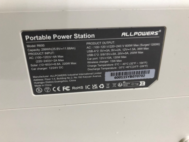 Photo 9 of **PARTS** **SEE NOTES** ALLPOWERS 299Wh 600W Portable Power Station R600