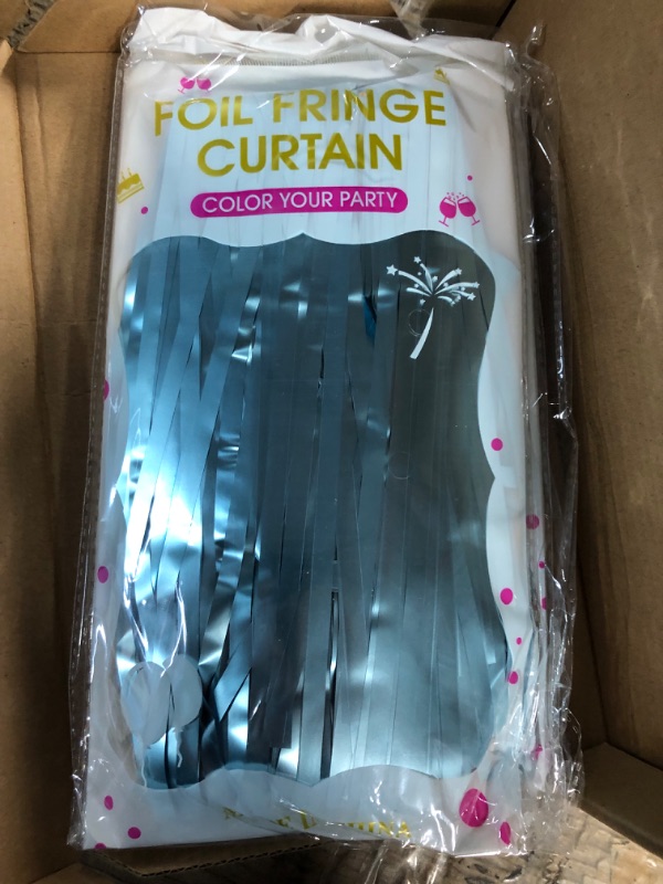 Photo 2 of LOLStar Light Blue Foil Fringe Curtains, 3 Pack 3.3x6.6 ft Matte Blue Gender Reveal