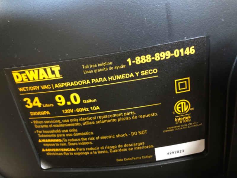 Photo 3 of DEWALT 9 Gallon Wet/Dry VAC, Heavy-Duty Shop Vacuum with Attachments, 5 Peak HP, with Blower Function, DXV09PA, Yellow