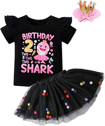 Photo 1 of (similar to stock ) Abbence Baby Girls Shark 3rd Birthday Skirts Set (black/pink/purple)