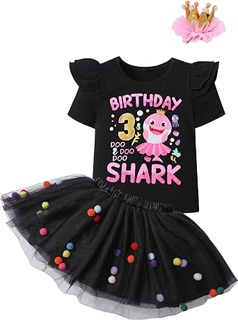 Photo 1 of (similar to stock) Abbence Baby Girls Shark Birthday Skirts Set 3rd (black and pink)