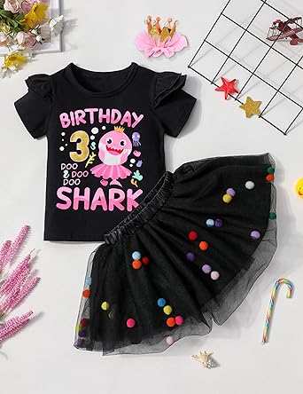 Photo 1 of (similar to stock) Abbence Baby Girls Shark Birthday Skirts Set 3rd (black and pink)