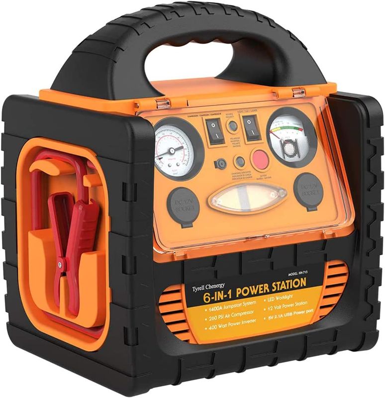 Photo 1 of **SEE NOTES**
Portable Car Jump Starter 1400 Amp High Performance Power Station with Double AC 110 Volt Inverter Outlets 400W, 260 PSI Air Compressor, Double DC Sockets 12V/11A, 5V/2.1A USB Ports