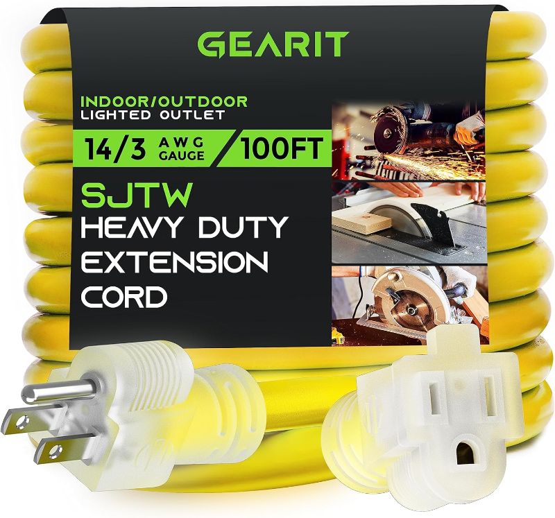 Photo 1 of GearIT Extension Cord 100 Feet 10/3-3 Triple Outlet Ultra Heavy Duty SJEOW Extreme Weather Outdoor/Indoor - 10 Gauge 3 Prong, LED Lighted Plug, Oil Resistant Rubber Jacket 3 Outlet - 10AWG 100ft (SJEOW)