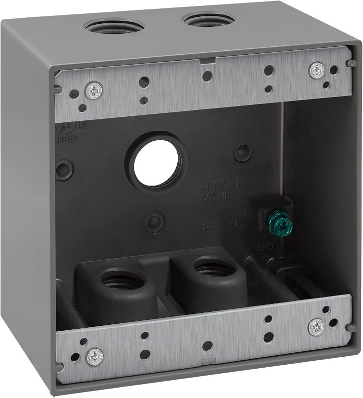 Photo 1 of ENERLITES Weatherproof Outlet Box with Five 1/2-in Threaded Outlets, Outdoor Electrical Box, 5 Holes 0.50” Each, 2-Gang, 4.53” Height x 4.53” Length x 2.16” Depth, EN2550 Grey