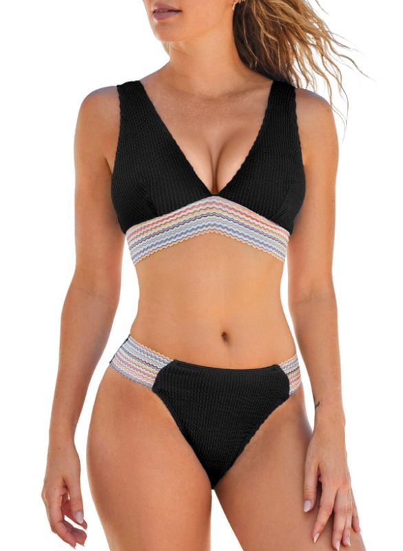 Photo 1 of Herseas Women's 2 Piece Color Block Bikini Set V Neck Ribbed Chevron Panel Bathing Suit Swimsuit Small Black