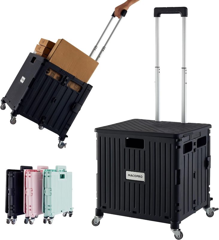 Photo 1 of 
Roll over image to zoom in







VIDEO
MACOPRO Folding Utility Cart Portable Rolling Crate Handcart Shopping Trolley Collapsible Tool Box, with Lid, Basket on 4 Rotate Wheels, for Grocery, Shopping, Office, Storage, Teacher (Black)