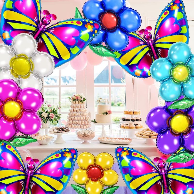 Photo 1 of 10 Pcs Butterfly Flower Balloons, Huge Colorful Flower Aluminum Foil Balloon for Birthday, Baby Shower, Wedding, Butterfly Party Decorations, Spring Floral Theme Party Supplies