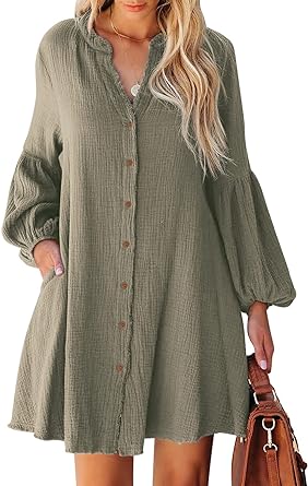 Photo 1 of *USED* HUUSA Women's Button Down Shirt Dress Casual Loose Long Sleeve Swimsuit Cover Ups Oversized V Neck Mini Dresses with Pockets