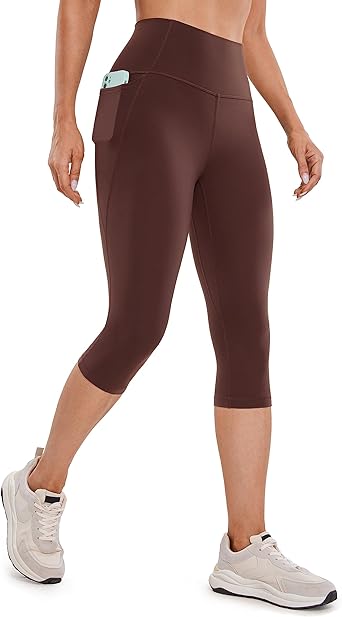 Photo 1 of CRZ YOGA Womens Butterluxe Workout Capri Leggings 17'' / 19'' / 21'' - High Waist Crop Yoga Pants with Pockets Buttery Soft - BROWN - LARGE