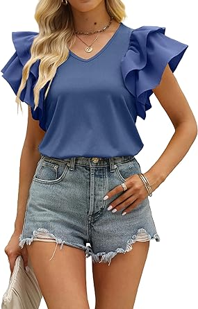 Photo 1 of Bosmeer Womens Summer Tops Ruffle Short Sleeve V Neck Cute Clothes Spring Outfits 2023 - BLUE/M