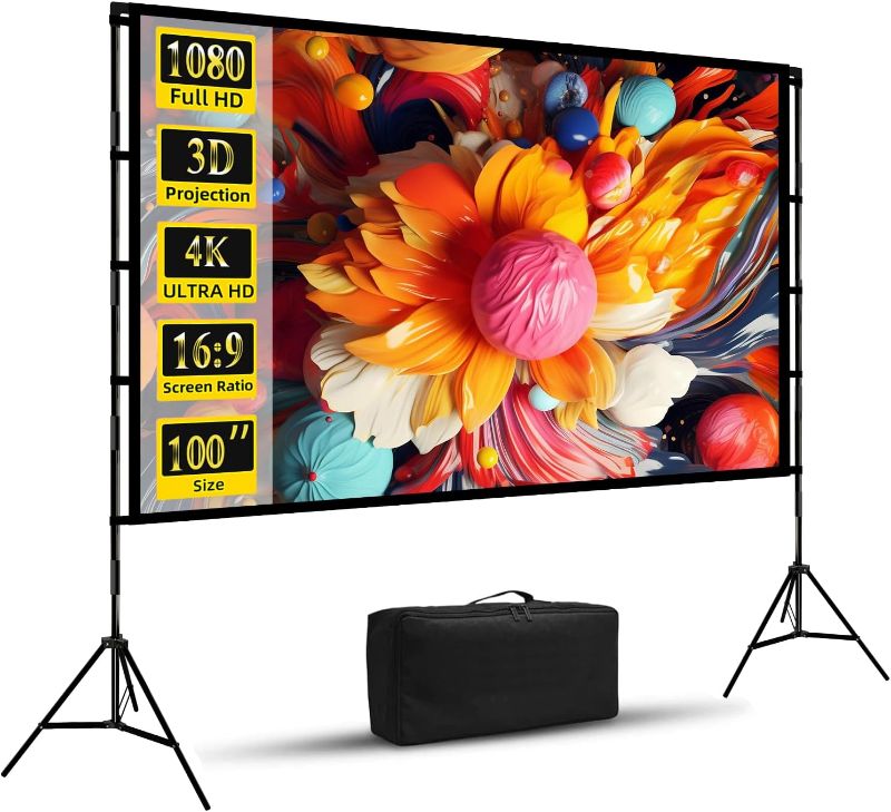 Photo 1 of 100 inch Projector Screen with Stand, Wootfairy Foldable and Portable Projection Screen 16:9 4K HD