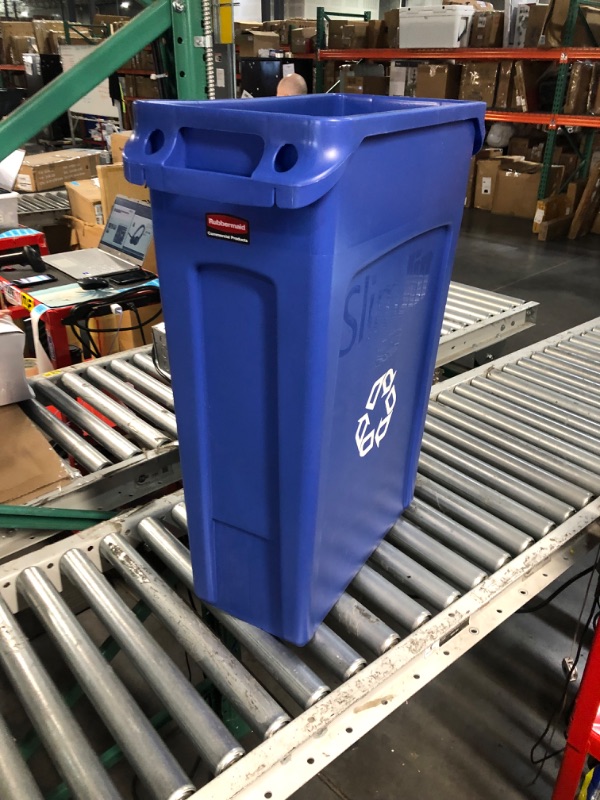 Photo 4 of Rubbermaid Commercial Products Slim Jim Plastic Rectangular Recycling Bin with Venting Channels, 23 Gallon, Blue Recycling