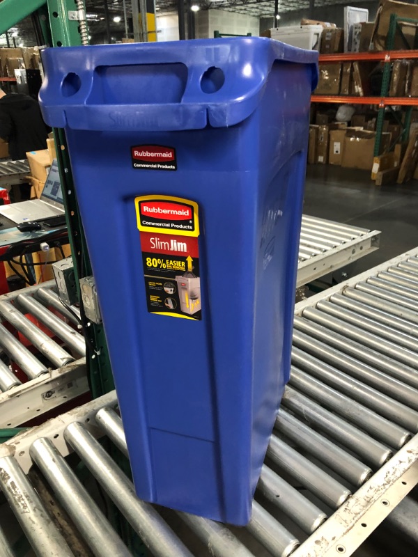 Photo 2 of Rubbermaid Commercial Products Slim Jim Plastic Rectangular Recycling Bin with Venting Channels, 23 Gallon, Blue Recycling