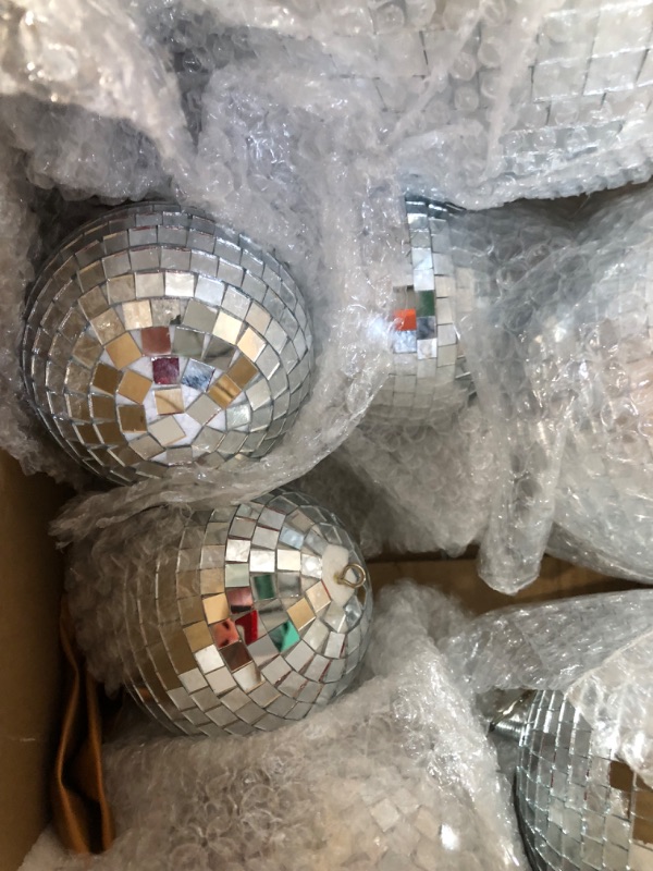 Photo 4 of 8 Pcs Large Disco Ball Set Silver Mirror Disco Balls Reflective Ball with Hanging Ring Party Hanging Ornament Decoration (12'', 8'', 6'', 4'')