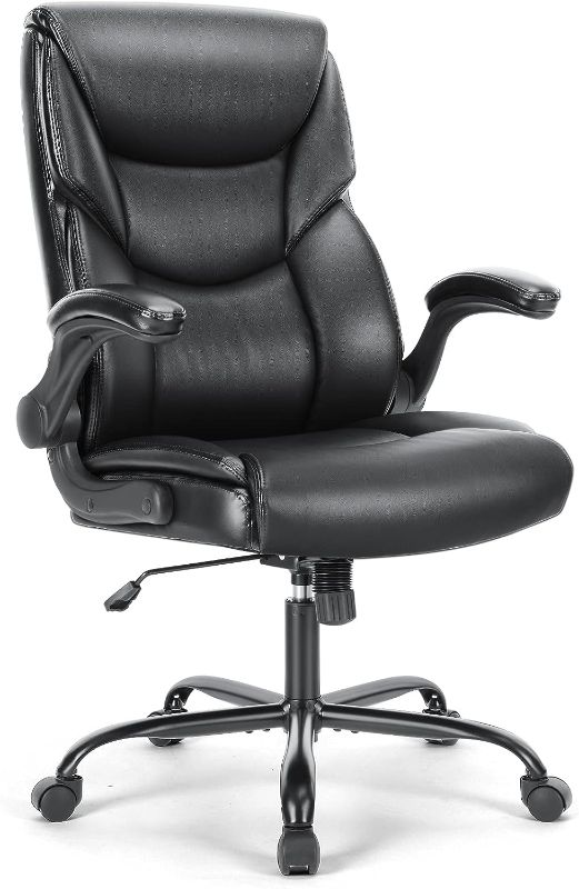 Photo 1 of Executive Office Chair – Ergonomic Adjustable Computer Desk Chairs with High Back Flip-up Armrests, Swivel Task Chair with Lumbar Support, Bonded Leather, C-2892-BK
