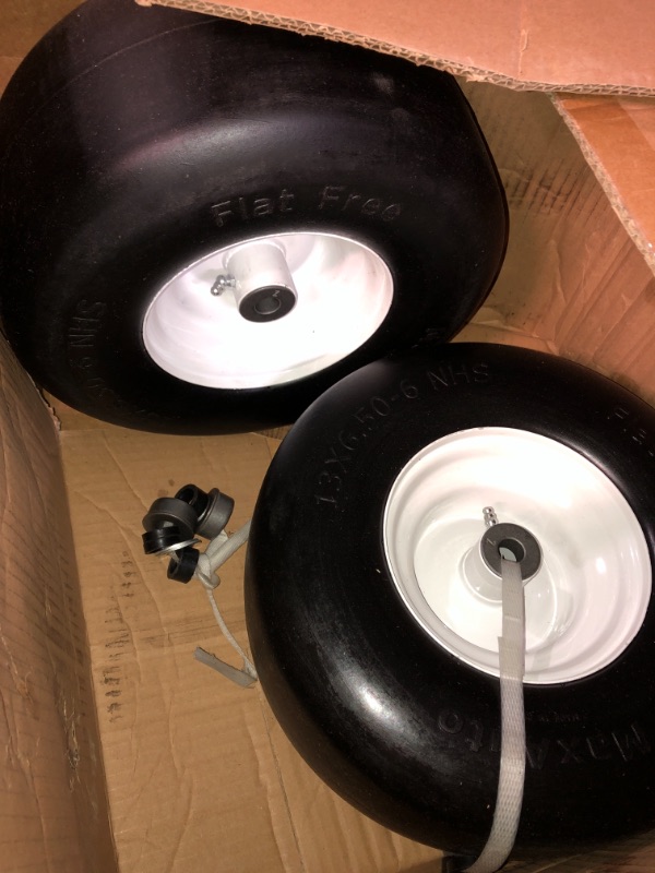 Photo 1 of 11x4.00-5 lawn mower tires flat free, Solid Smooth Tires and Wheel with 3/4" or 5/8" & 1/2" Precision bearings, 3.4"-5" Centered Hub, for Zero-Turn Lawn Mowers, Extra Universal Adapter Kit (2 Pack)