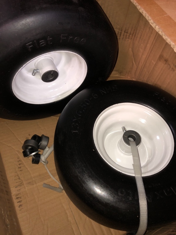 Photo 1 of 11x4.00-5 lawn mower tires flat free, Solid Smooth Tires and Wheel with 3/4" or 5/8" & 1/2" Precision bearings, 3.4"-5" Centered Hub, for Zero-Turn Lawn Mowers, Extra Universal Adapter Kit (2 Pack)
