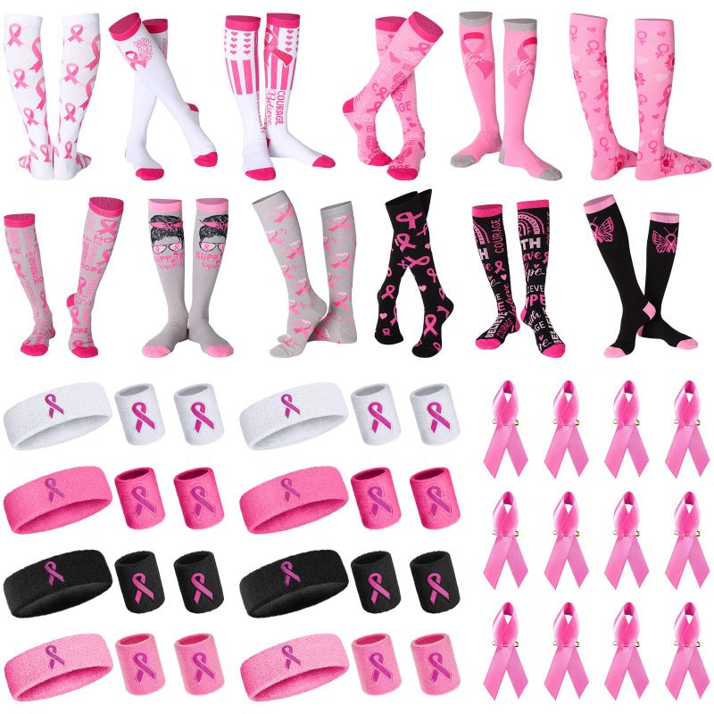 Photo 1 of **non refundable***
Ramede 12 Pairs Breast Cancer Awareness Pink Ribbon Crew Socks and 12 Pairs Wrist Sweat Bands Bulk Items Gift Set 12 Pcs Cancer Awareness Sports Headband 12 Pcs Breast Cancer Survivor Pins for Women