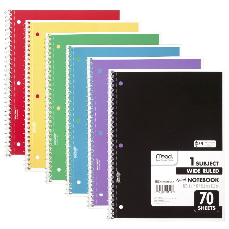 Photo 1 of **non refundable***
Mead Spiral Notebook, 6 Pack, 1-Subject, Wide Ruled Paper, 7-1/2" x 10-1/2", 70 Sheets per Notebook, Color Will Vary (73063)