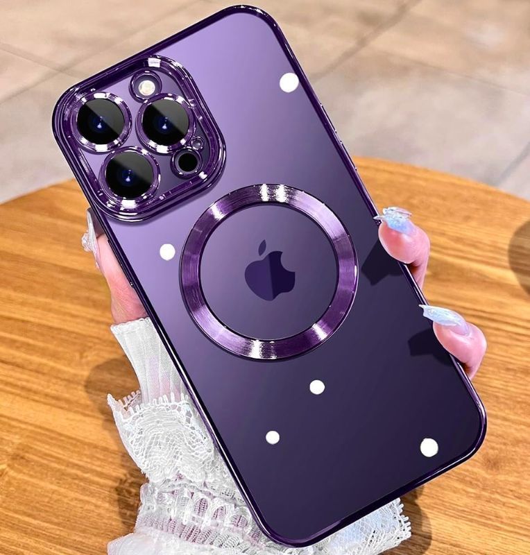 Photo 1 of Uxinuo Magnetic Matallic Glossy Clear for iPhone 14 Pro Phoen Case with Full Camera Cover Protection [N52 Magnets] [Military Grade Drop Protection] for Women Girls Phone Case (6.1") Purple 