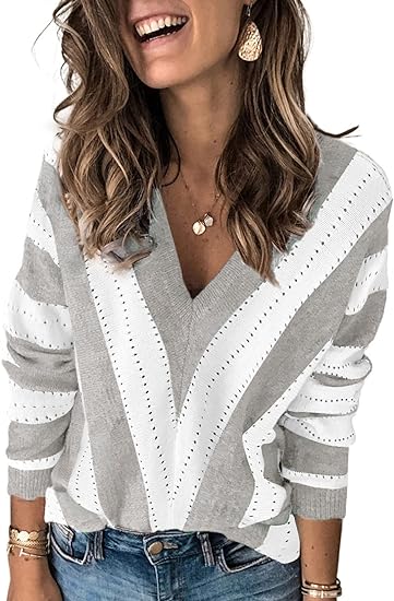 Photo 1 of Elapsy Womens Color Block Striped V Neck Sweater Long Sleeve Pullover Knitted Sweater (Large)