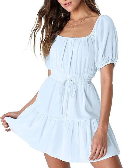 Photo 1 of BZB Womens Summer Dresses Casual Square Neck Short Sleeve Sundresses A Line Mini Beach Dresses