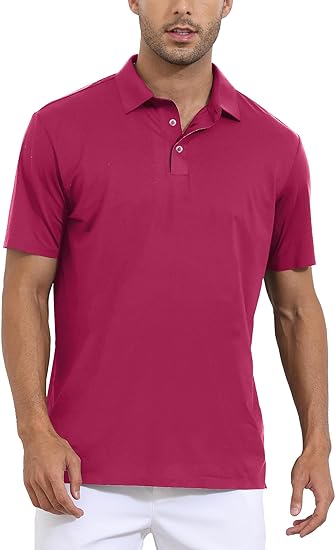 Photo 1 of LUSHENUNI Men's Golf Polo Shirt Dry Fit Moisture Wicking Short Sleeve with Collared Casual Business T-Shirt Sun Protection (rose, M)