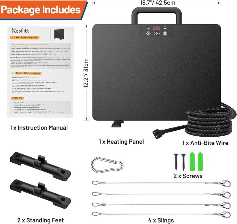 Photo 3 of (READ FULL POST) Kesfitt Chicken Coop Heater,Radiant Heat Panel with Handle,5 Timing Setting and 3 Temperature Levels,100/200 Watts Energy Efficient Safer Than Brooder Lamp,3 Installation Style

