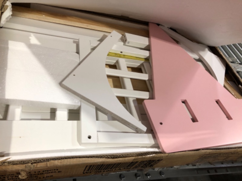 Photo 3 of ***USED***Twin Over Twin Castle Bunk Bed with Ladder and Guardrails, Wooden Versatile Floor Bedframe for Kids/Boys/Girls Bedroom, Pink Pink Castle Bunk Bed * MISSING box 2