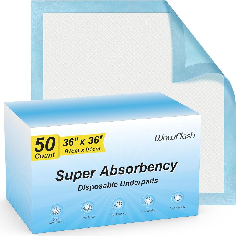 Photo 1 of (READ FULL POST) 50 Count 36” x 36” Super Absorbency Disposable Underpads, Leakproof Quick Drying Disposable Pads for Baby, Puppy & Adults, Bed Pads Disposable Adults, Incontinence Pads, Dog Pee Pads
