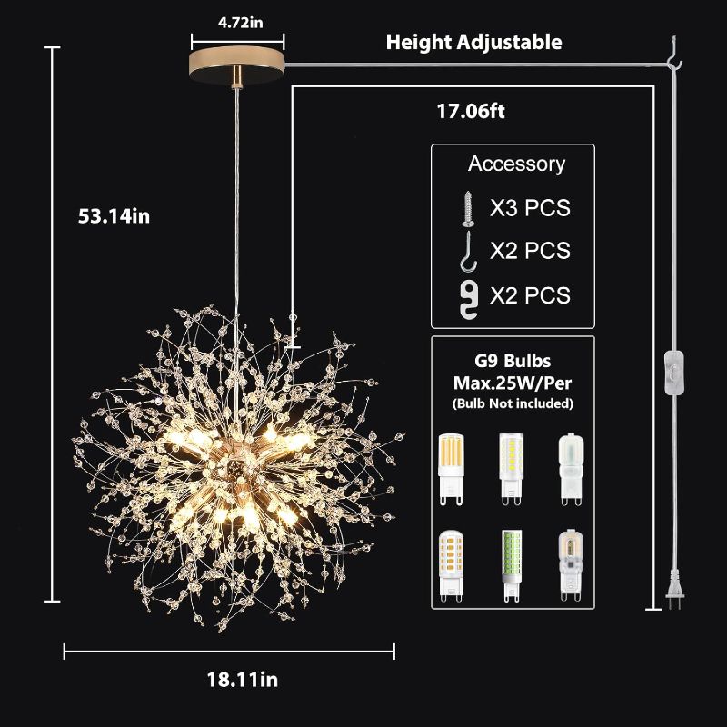 Photo 4 of (READ FULL POST) JZQWCK Plug in Pendant Light Fixtures,8 Lights Gold Modern Crystal Firework Chandeliers,Hanging Lights with Plug in Cord 17.06ft&Switch,Dandelion Starburs Chandeliers for Bedroom Living Dining Room