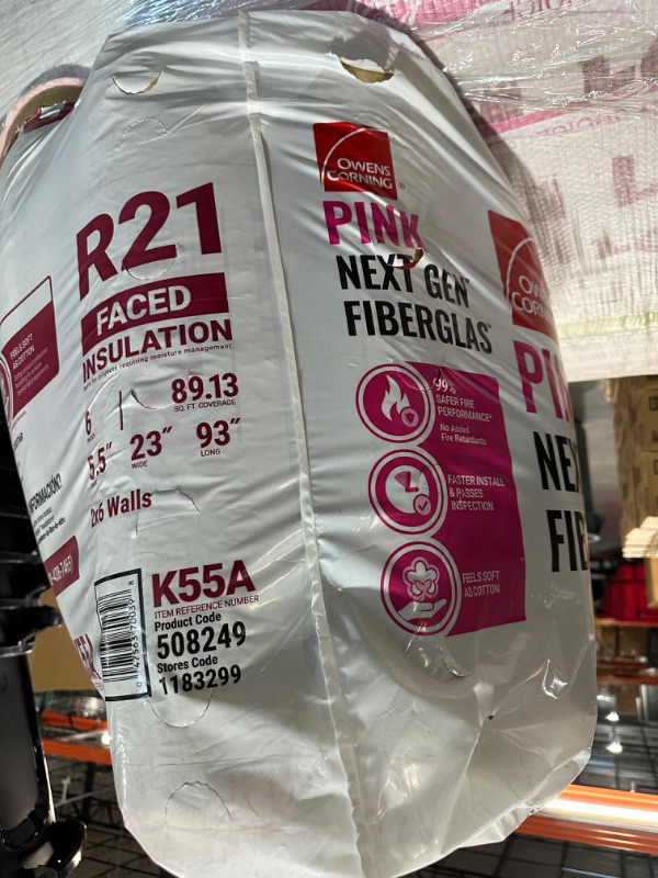 Photo 3 of ***USED - PREVIOUSLY OPENED***
Owens Corning R-21 Faced 23 by 93 Fiberglass Batt Insulation Fits 2x6 Floor or Walls a Total of 6 Bags and Square Footage of 891.3 FT