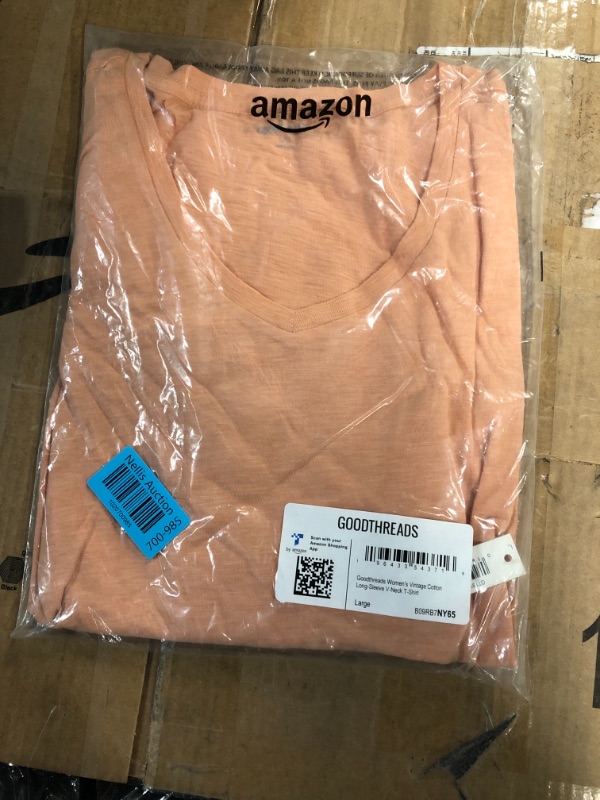 Photo 2 of ( ColorPeach )Amazon Essentials Women's Vintage Cotton Long Sleeve V-Neck T-Shirt Small