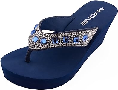 Photo 1 of AIMONE-Larissa Sparkle Flip Flops for Women Navy Blue Wedge Sandals Rhinestone Beach Wedding Shoes SIZE 7 WOMEN