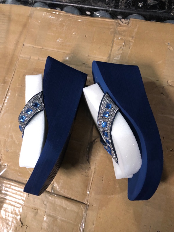 Photo 1 of AIMONE-Larissa Sparkle Flip Flops for Women Navy Blue Wedge Sandals Rhinestone Beach Wedding Shoes SIZE 7 WOMEN
