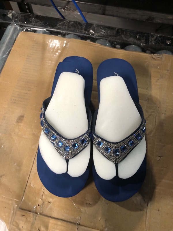 Photo 3 of AIMONE-Larissa Sparkle Flip Flops for Women Navy Blue Wedge Sandals Rhinestone Beach Wedding Shoes SIZE 7 WOMEN