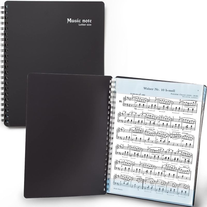 Photo 1 of MECCALINE Sheet Music Folder (Letter, 1 Pack) – 40 Sleeves Display 80 Pages Spiral Binder Organizer for Music Stand – Fits Letter Size 8.5 x 11 Inch – Direct Page Writing with Detachable Name Tag
