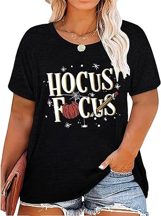 Photo 1 of Plus Size Teacher Halloween Shirt Women Hocus Pocus T-Shirts Cute Pumpkin Graphic Tees Teacher Fall Season Tops SIZE 2XL