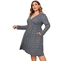 Photo 1 of KOJOOIN Women's Plus Size V Neck A-Line Knee Length Wrap Swing Dresses Casual Loose Party Mini Dress with Pockets black and white floral