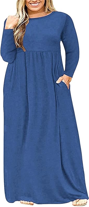 Photo 1 of KARALIN Women's Plus Size Long Sleeve Loose Plain Casual Long Maxi Dresses with Pockets 01-deja Blue Large