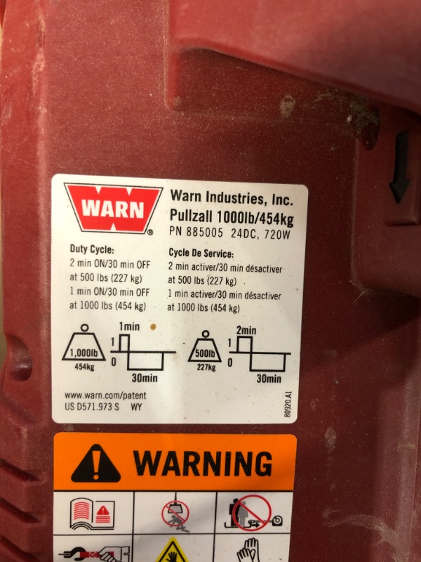 Photo 4 of *Parts only
WARN PullzAll Corded 120V AC Portable Electric Winch with Steel Cable: 1/2 Ton (1,000 Lb) Pulling Capacity , Red