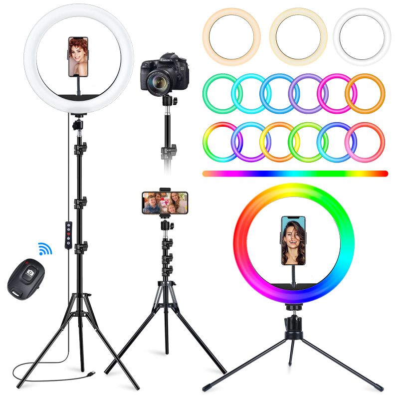 Photo 1 of STALLY 10.2" Ring Light with Stand, 62" Tall Selfie Ring Light with Phone Holder and Wireless Remote, 12 Dimming Levels, 32 Color Modes Led Ring Light for Phone, Live Stream, Makeup, YouTube, TikTok