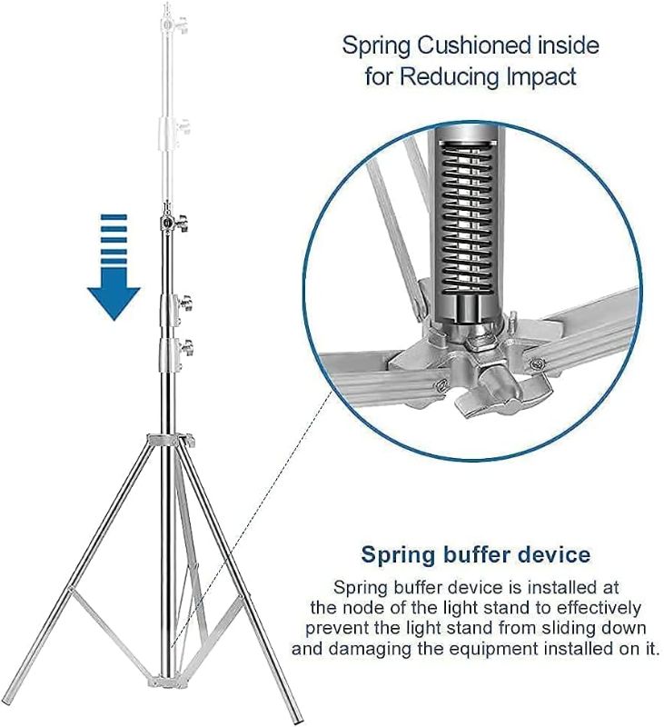 Photo 2 of Stainless Steel Photography Video Tripod Stand, Spring Cushioned Heavy Duty Tripod Stand, 9.5ft/2.8m, Universal Heavy Duty Tripod Adapter for Photography Studio Monolight Reflector Portrait 1 Pack 2.8m /110in Stainless steel Tripod 1 Pack 2.8m /110in Stai