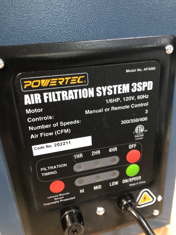 Photo 3 of ****FOR PARTS ONLY****
POWERTEC AF4000 3 SPD Air Filtration System, 300/350/400-CFM