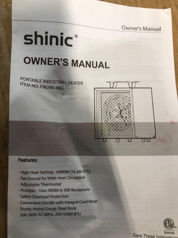 Photo 5 of [READ NOTES]-Shinic Electric Garage Heater 240v, 4,800-Watt Fan-Forced Industrial Heater, With Thermostat Control, Carrying Handle, Heavy Gauge Steel, Nema 6-30p Garage Heaters for Workshop, Construction Site Gray