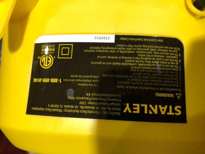 Photo 4 of ***POWERS ON***
Stanley SL18910P-3 Wet/Dry, 3 Gallon, 3 Horsepower, Portable Black/Yellow