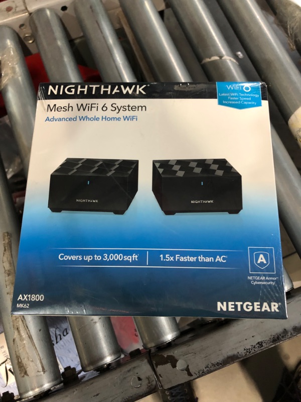 Photo 1 of NETGEAR Nighthawk Whole Home Mesh WiFi 6 System (MK62) - AX1800 router with 1 satellite extender, coverage up to 3,000 sq. ft. and 25+ devices Mesh WiFi 6 (2 Pack)